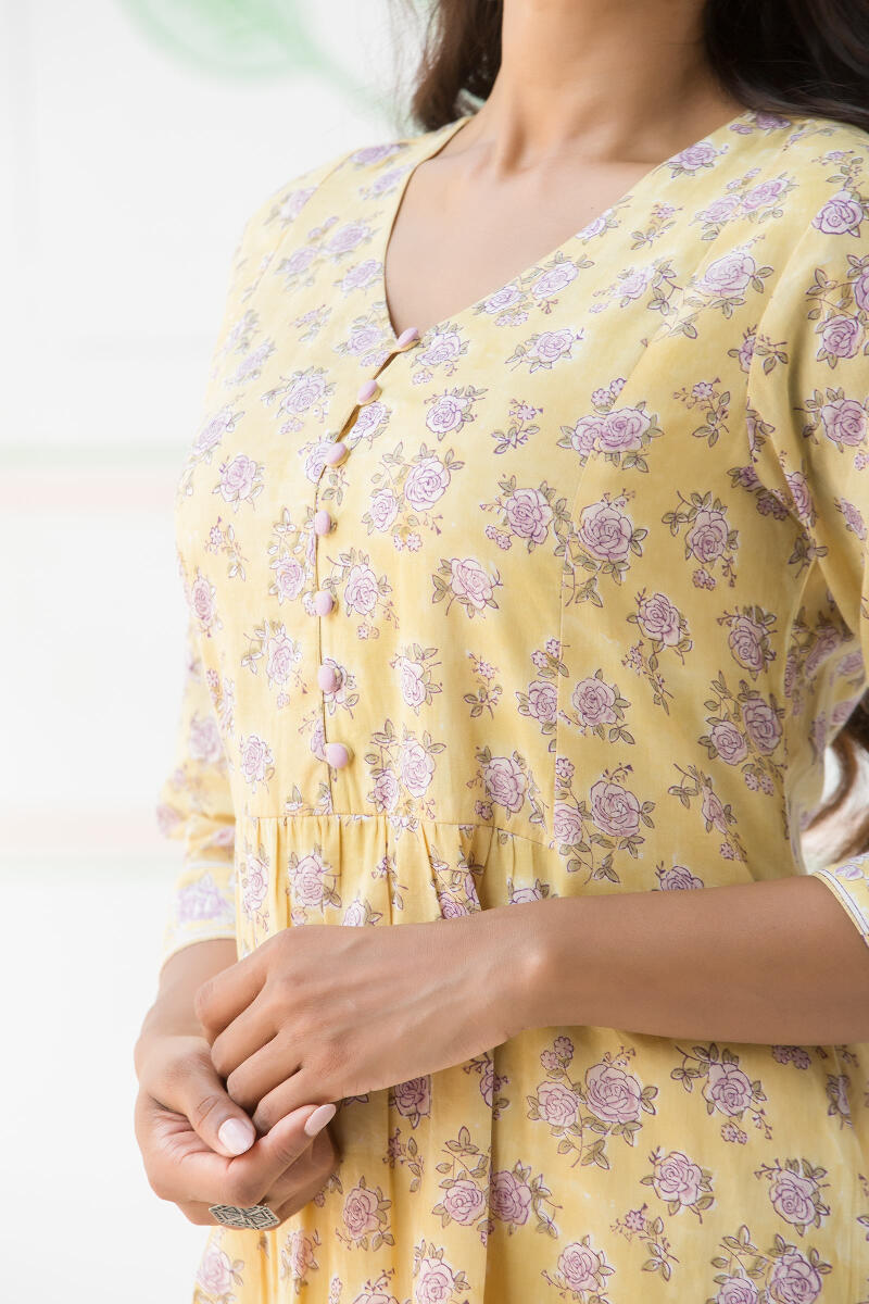 Yellow Block Printed Cotton Dress