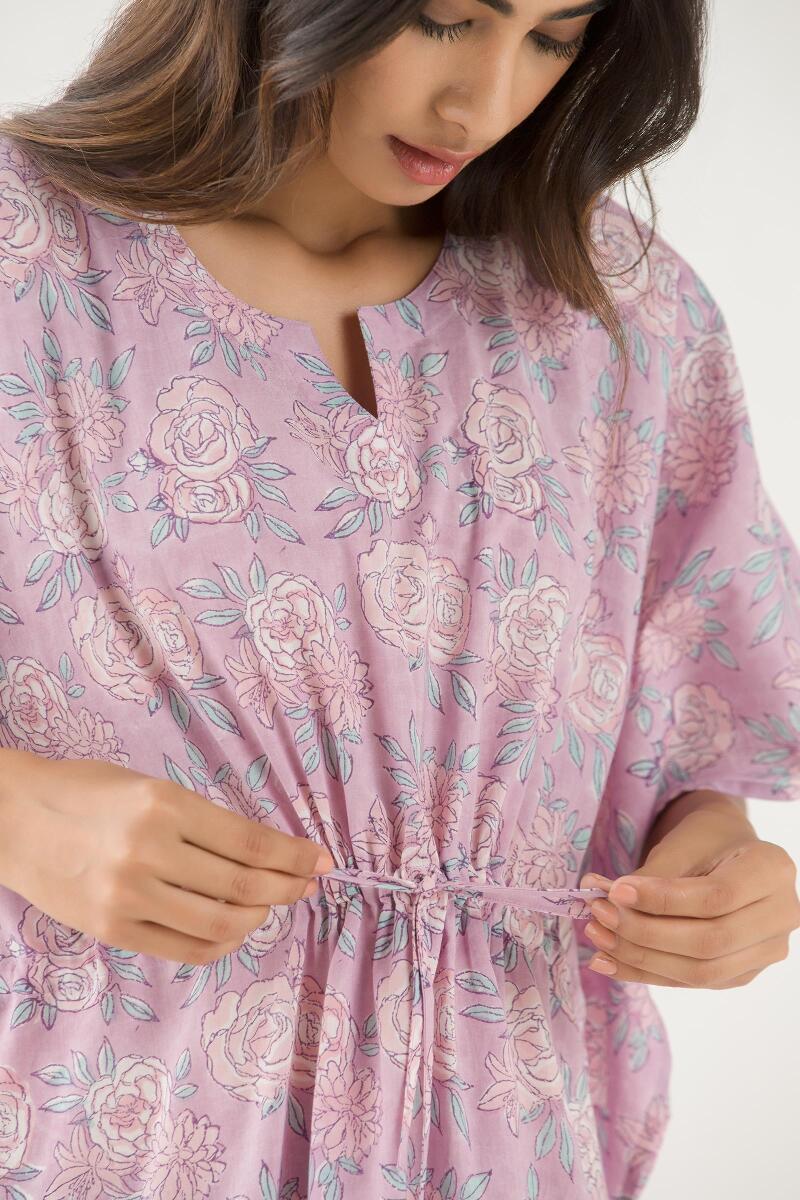 Purple Block Printed Cotton Kaftan