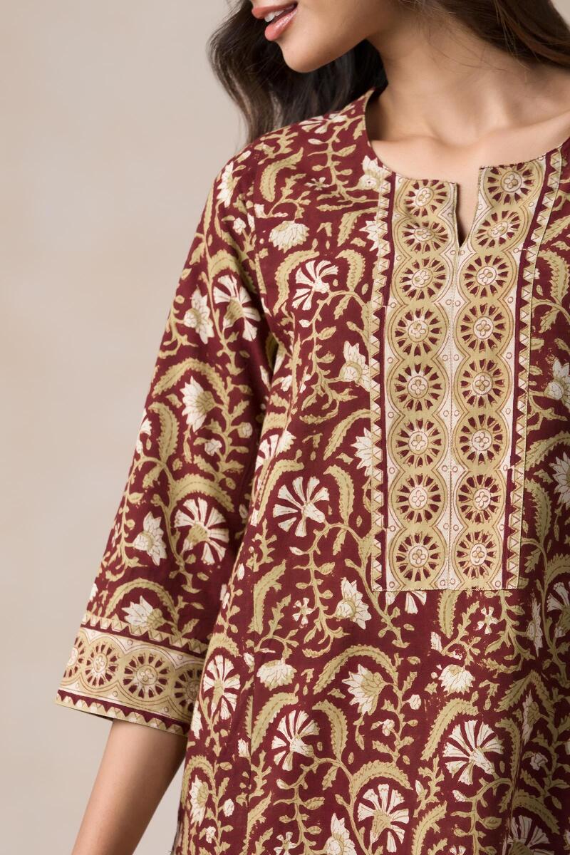 Brown Block Printed Cotton Kaftan