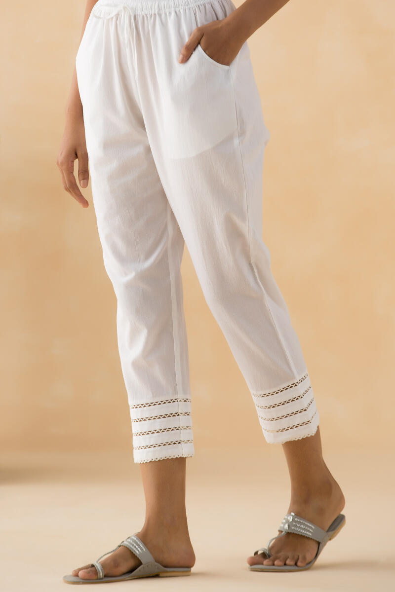 White Handcrafted Cotton Narrow Pants