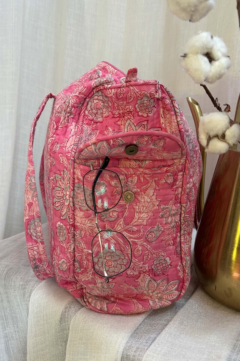 Pink Hand Block-Printed Cotton Duffel Bag