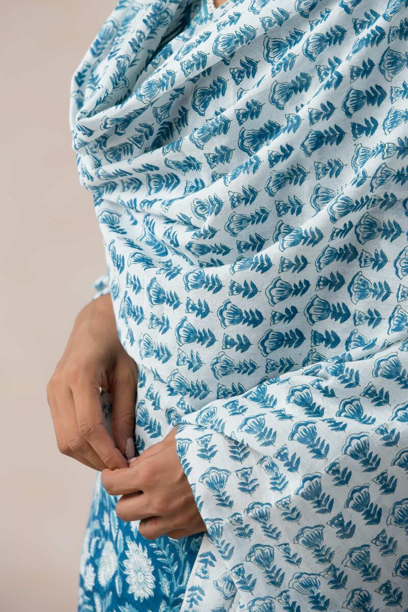 Blue Block Printed Cotton Dupatta