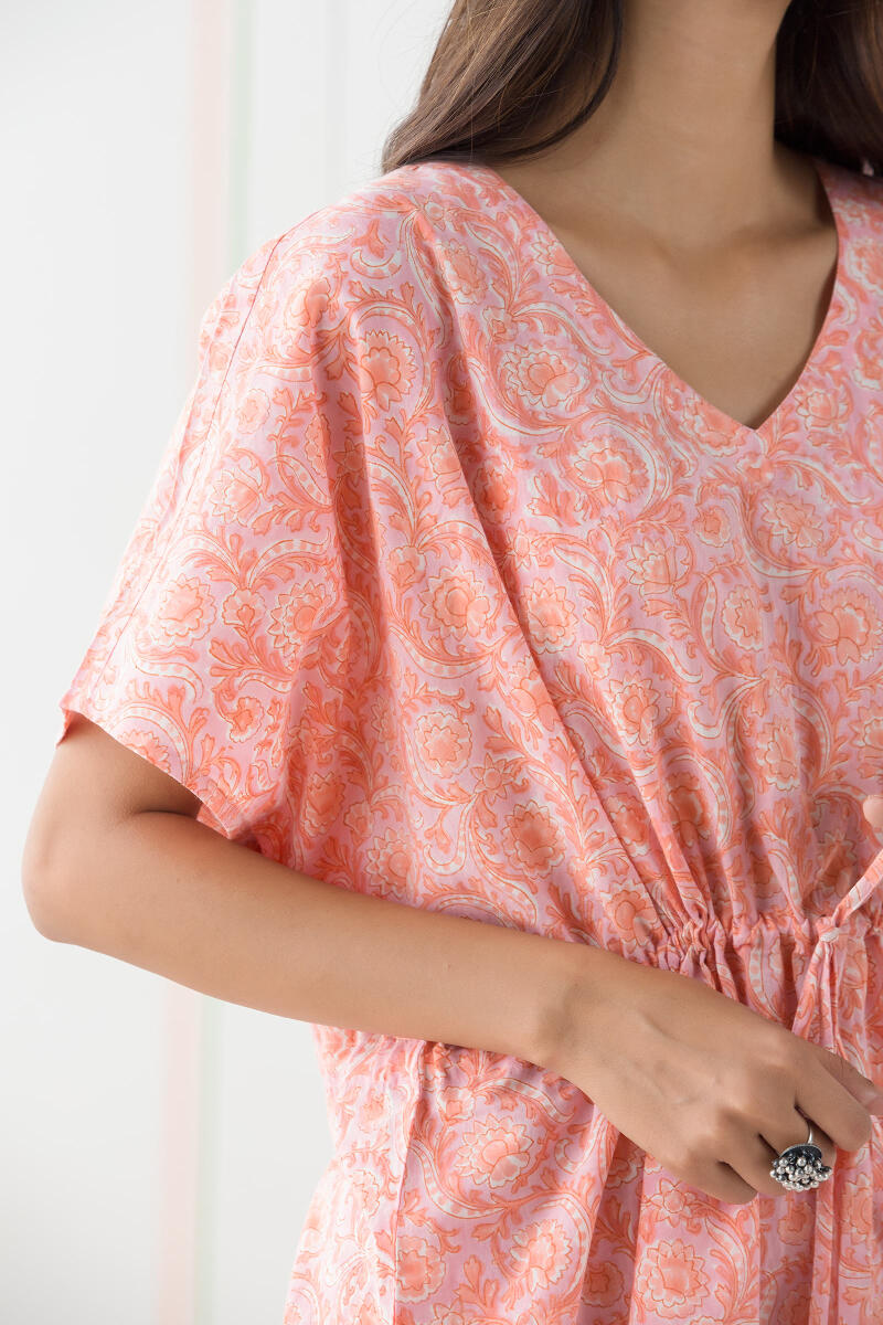 Orange Block Printed Cotton Kaftan