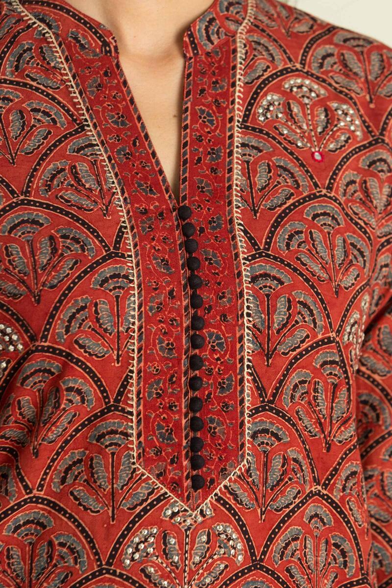 Red Block Printed Straight Cotton Kurta