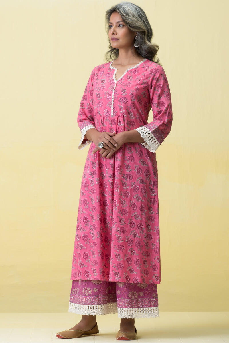 Pink Block Printed A-Line Cotton Kurta