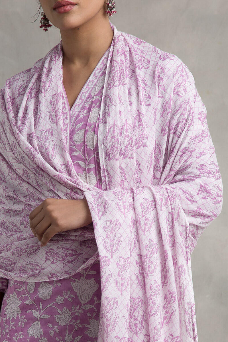 Purple Block Printed Cotton Dupatta