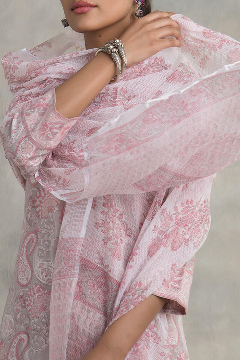 Pink Block Printed Kota Dupatta