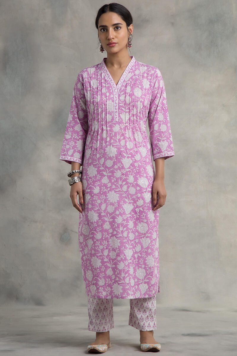 Pink Block Printed Straight Cotton Kurta