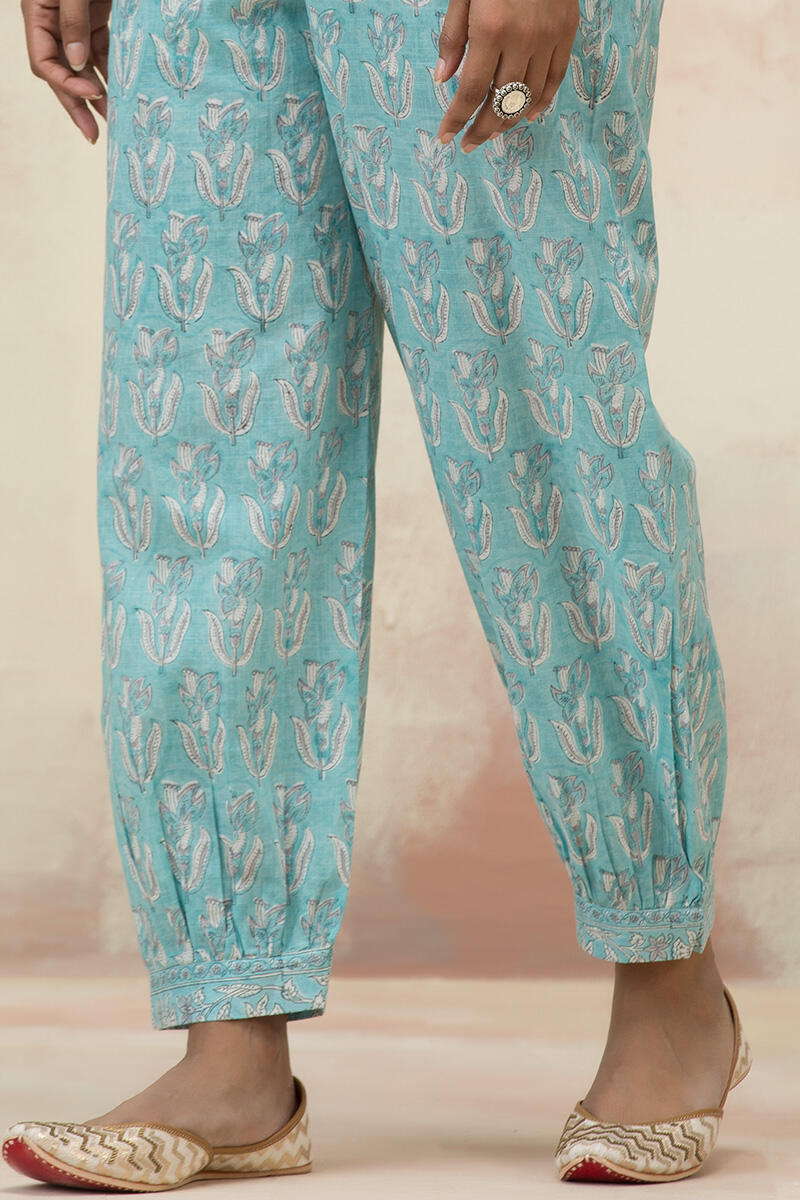 Blue Block Printed Cotton Izhaar Pants