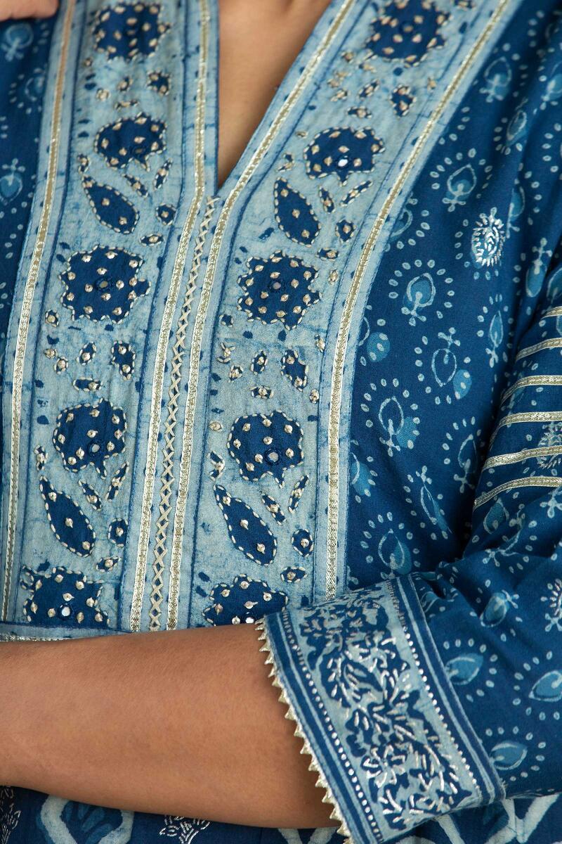 Indigo Block Printed A-Line Cotton Kurta