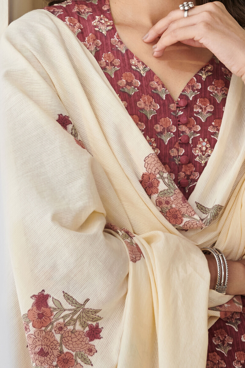 Beige Hand Block Printed Cotton Dupatta