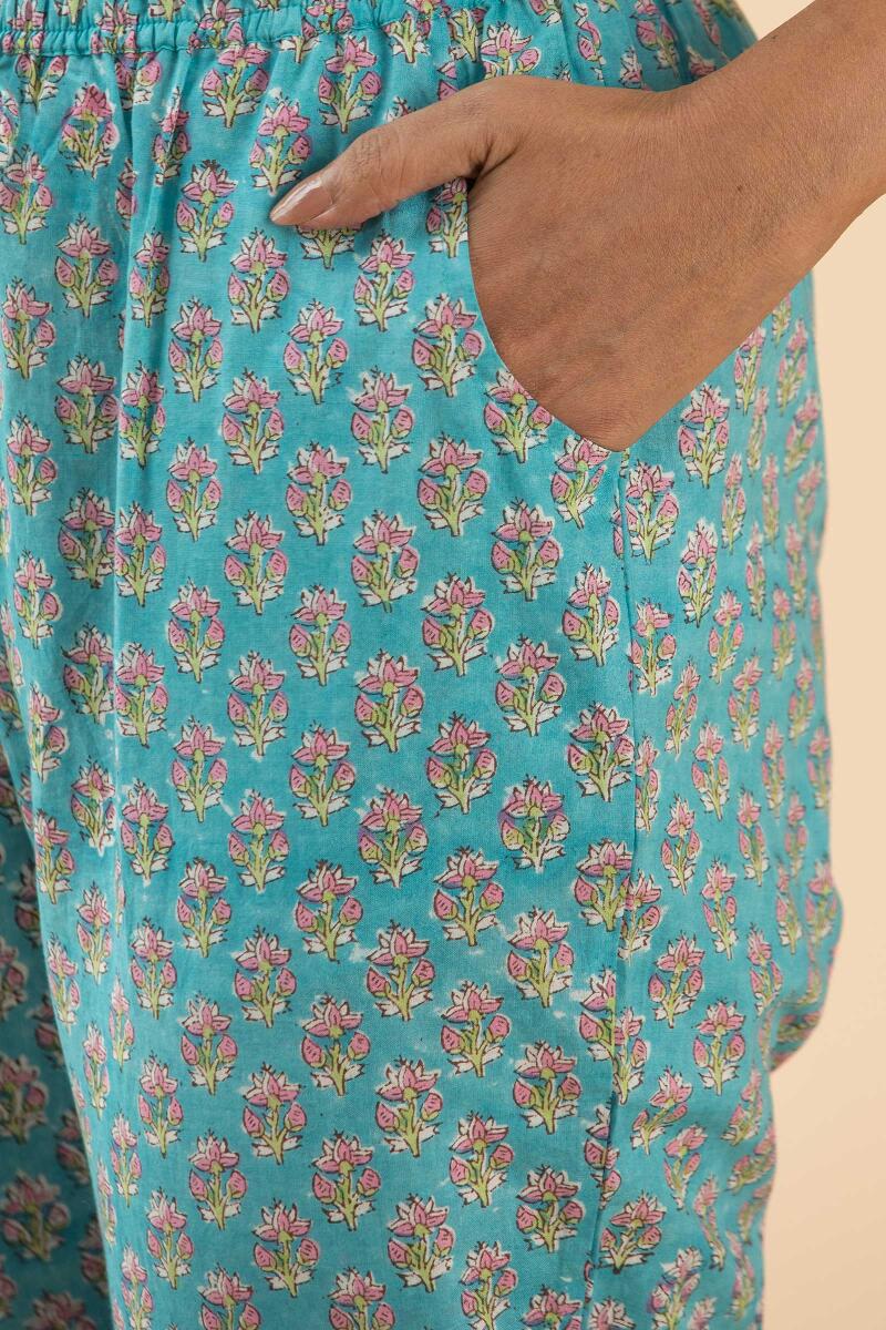 Turquoise Block Printed Cotton Pants