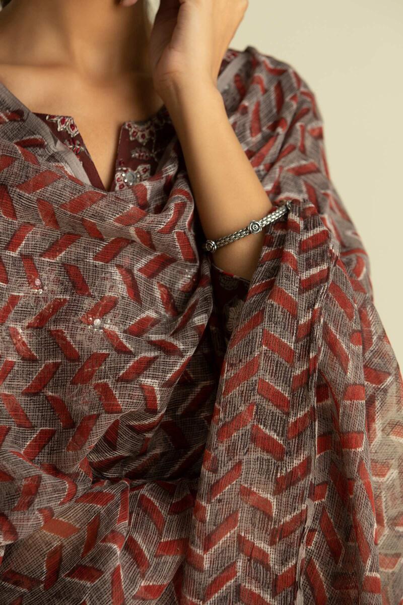 Maroon Block Printed Kota Dupatta