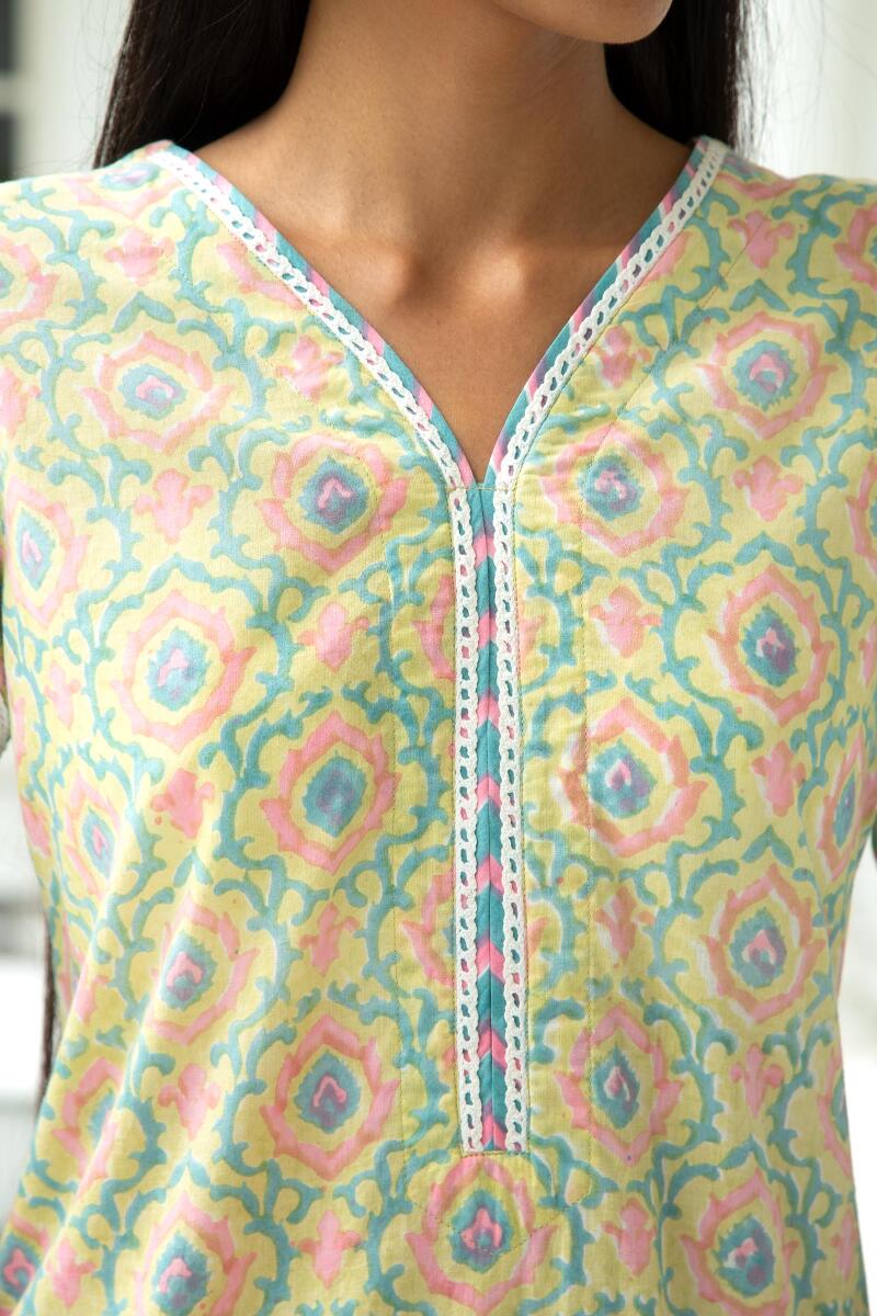 Green Block Printed Straight Cotton Kurta