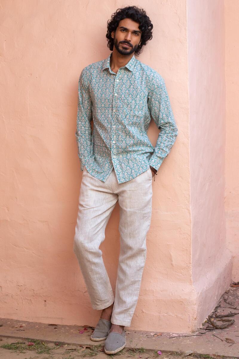 Blue Block Printed Cotton Shirt