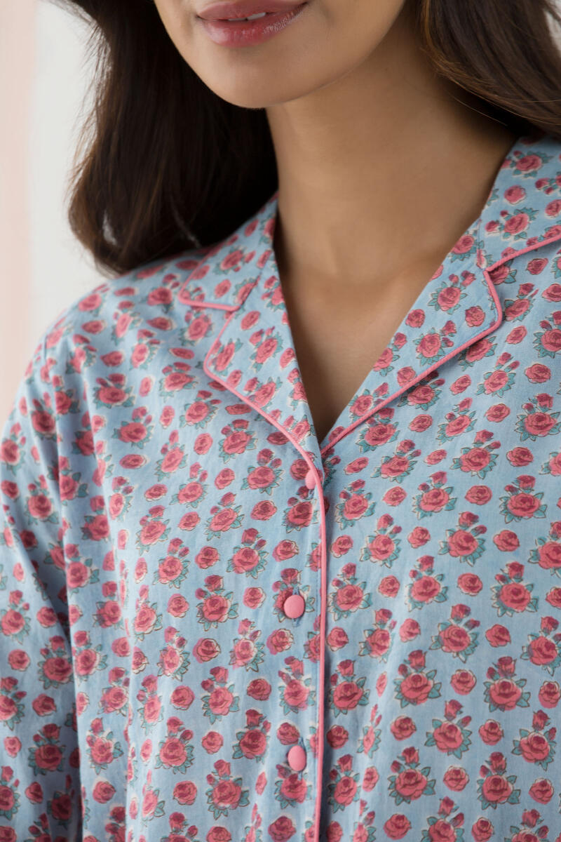 Blue Block Printed Cotton Pyjama Set