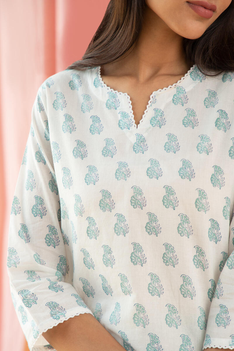 White Block Printed Cotton Pyjama Set