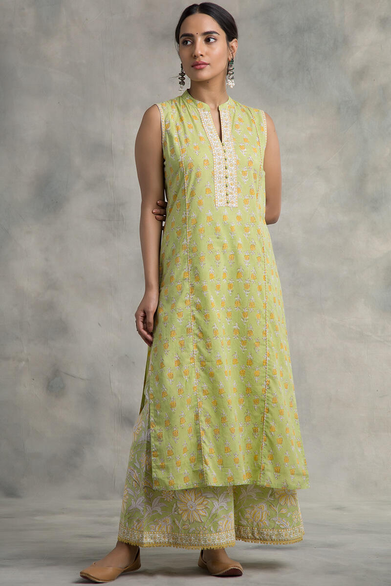 Green Block Printed Straight Cotton Kurta