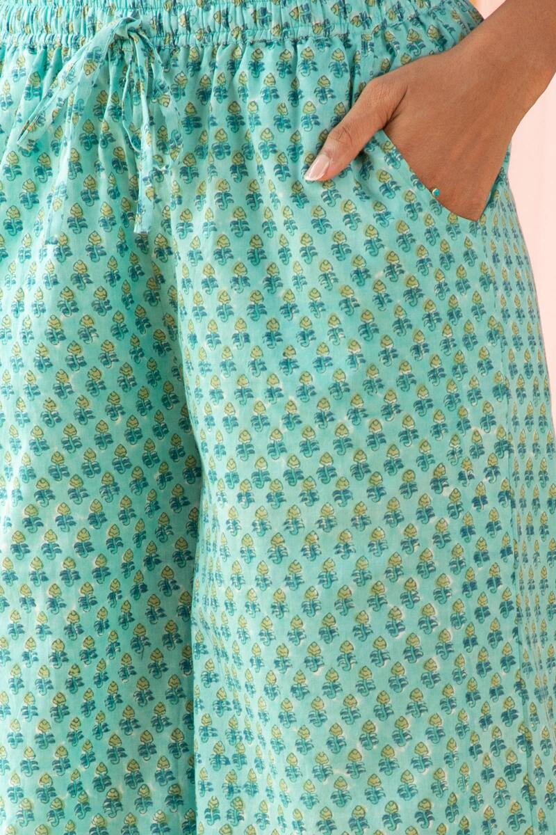 Turquoise Block Printed Cotton Palazzo