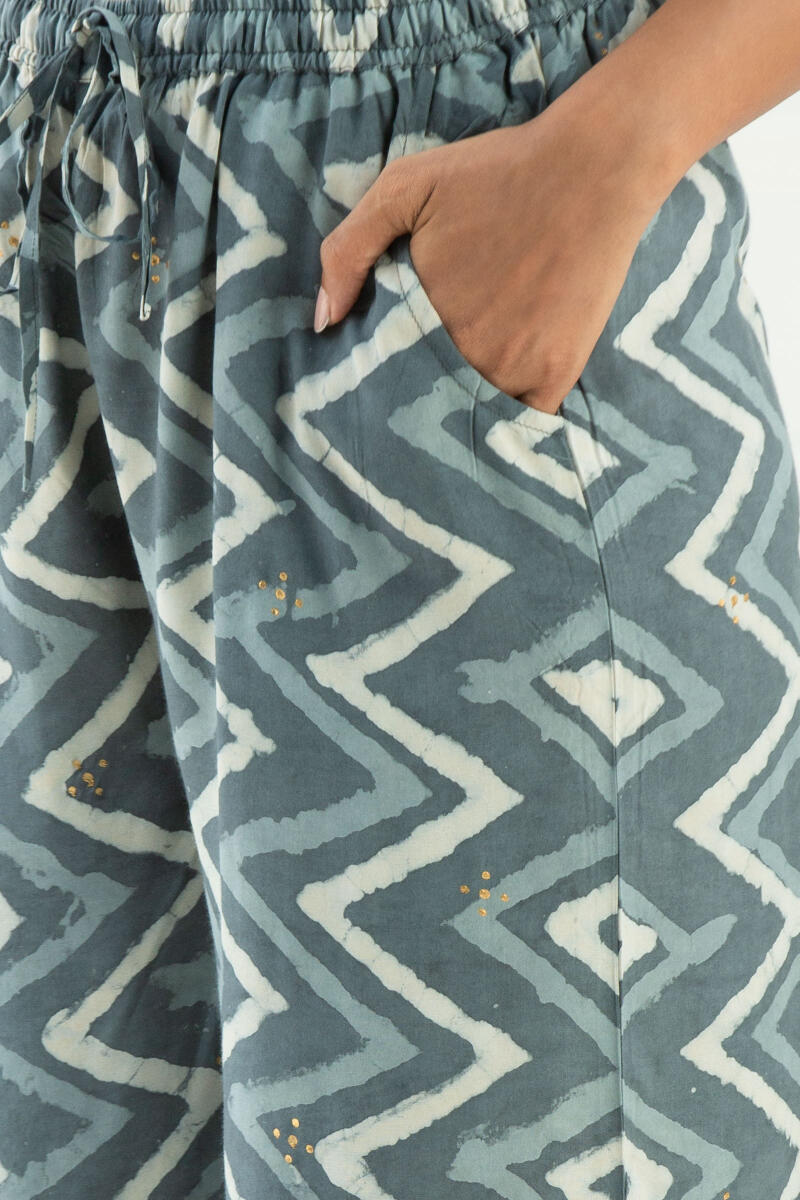 Grey Block Printed Shantung Palazzo