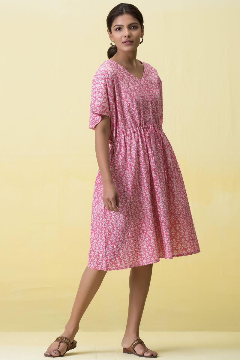 Pink Block Printed Cotton Short Kaftan