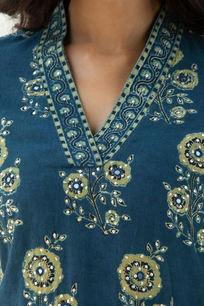 Blue Block Printed Straight Cotton Kurta