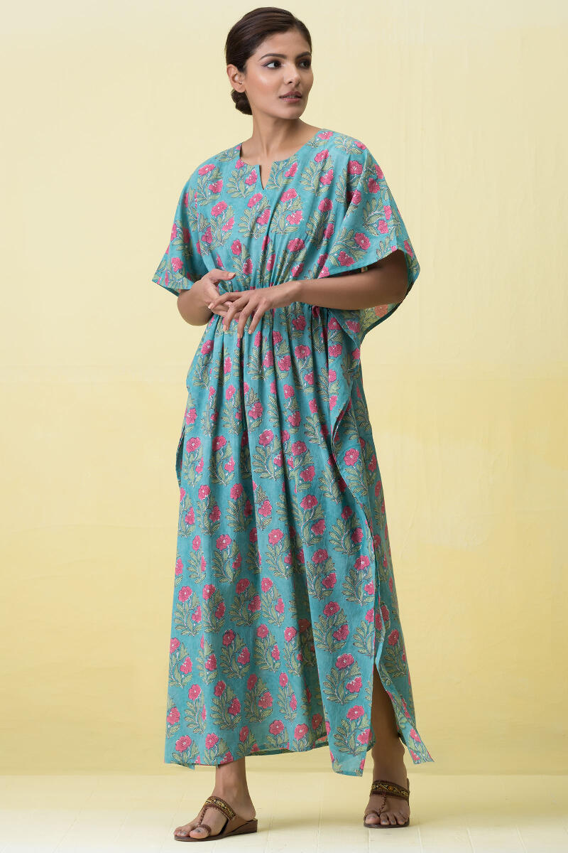 Blue Block Printed Cotton Kaftan