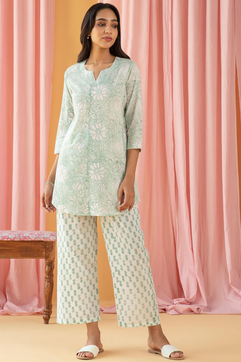 Green Block Printed Cotton Pyjama Set