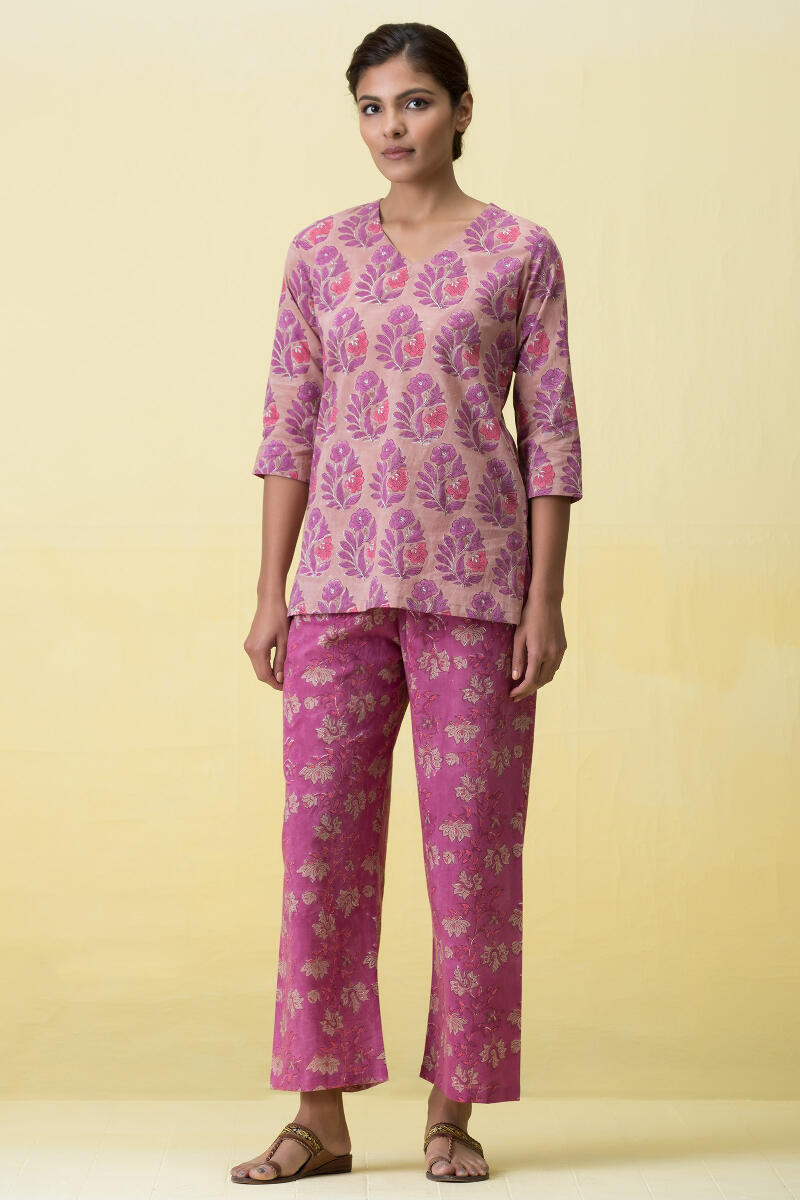 Pink Block Printed Cotton Pyjama Set