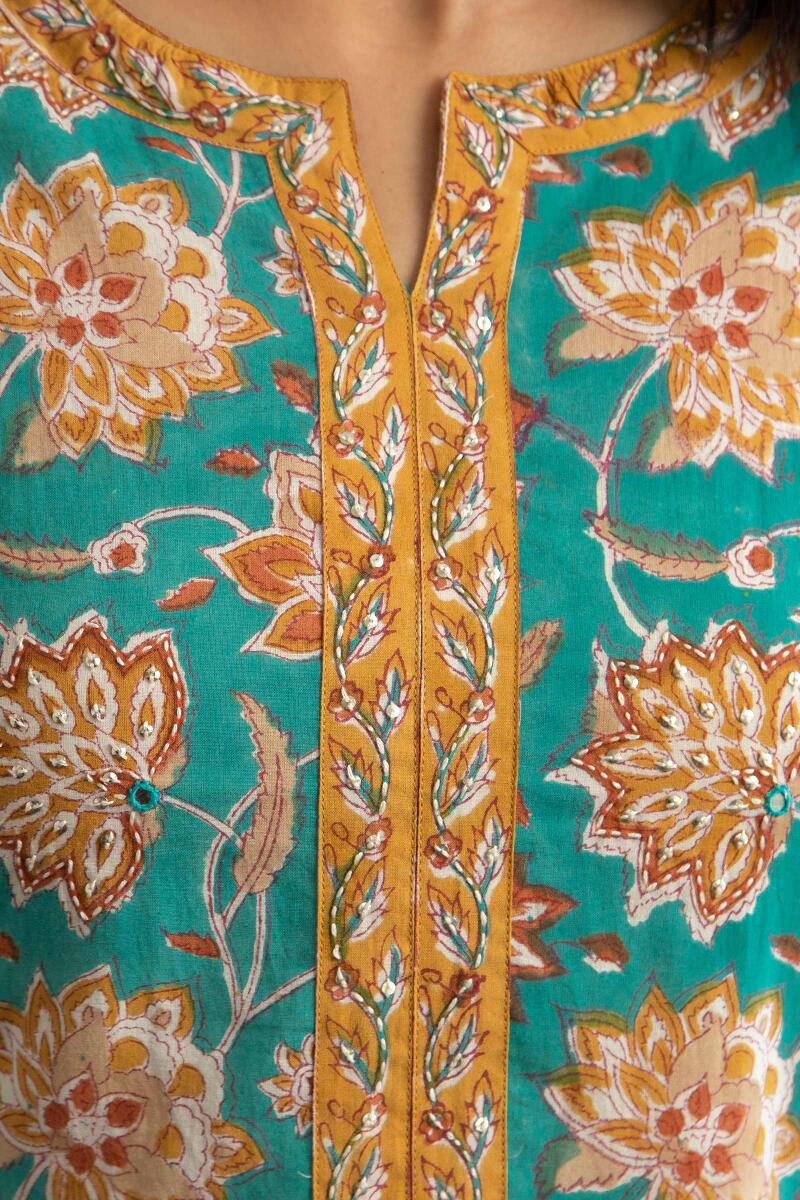 Turquoise Block Printed Straight Cotton Kurta