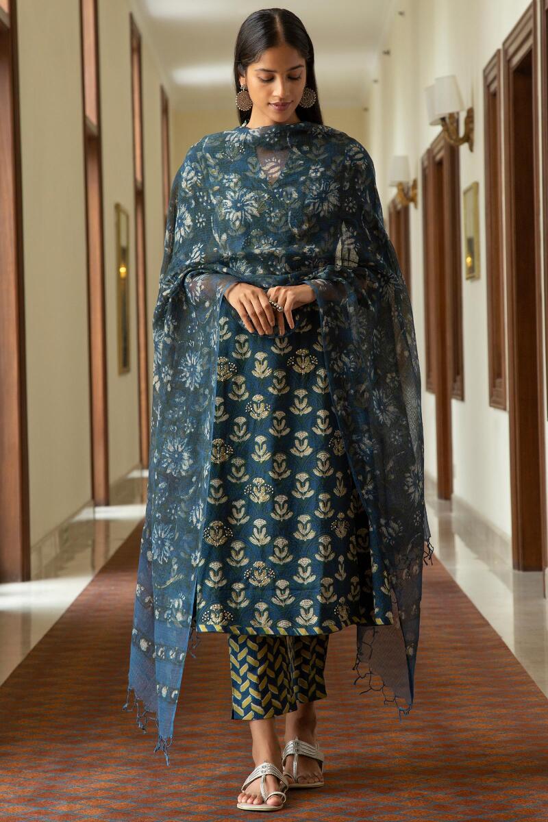 Indigo Block Printed Kota Dupatta