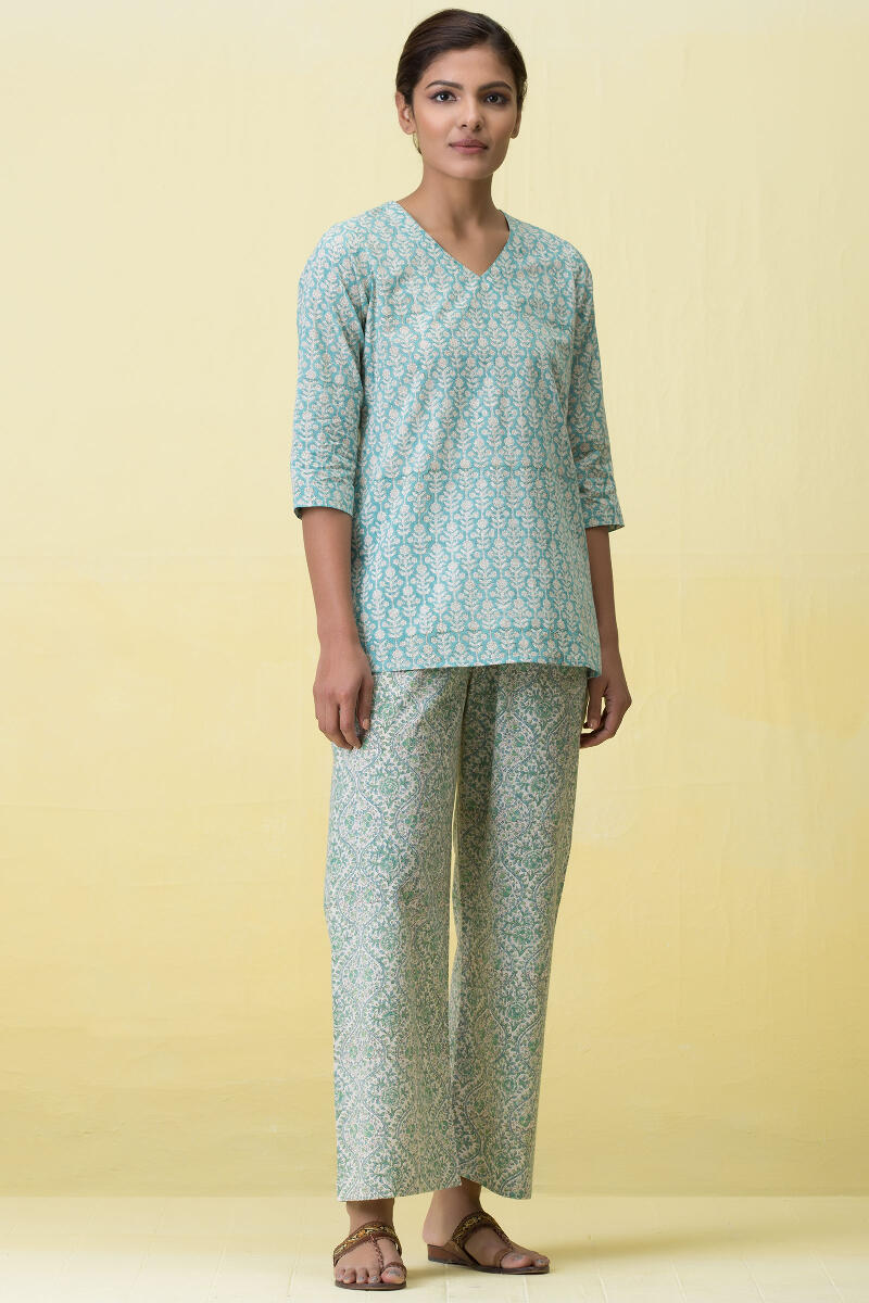 Blue Block Printed Cotton Pyjama Set