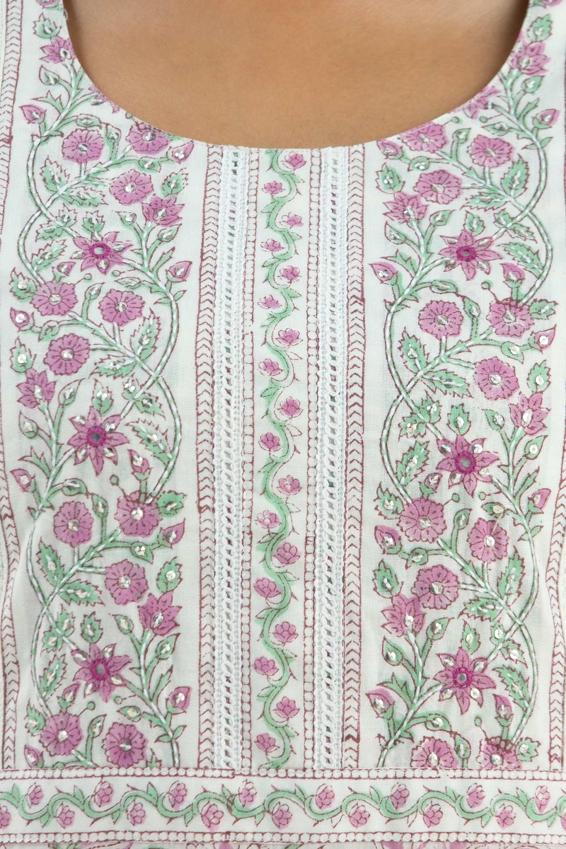 White Block Printed Straight Cotton Kurta