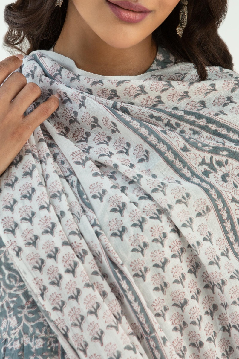 White Block Printed Cotton Dupatta