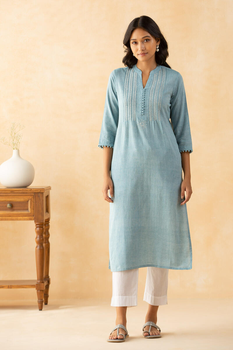 Blue Handcrafted Straight Cotton Kurta