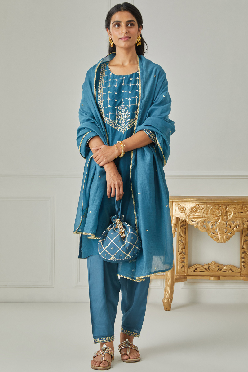 Blue Handcrafted Short Chanderi Kurta