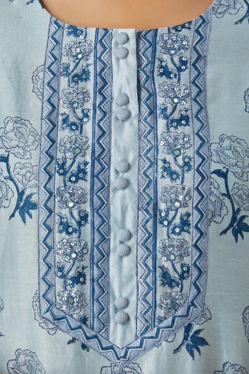 Blue Block Printed Straight Chanderi Kurta