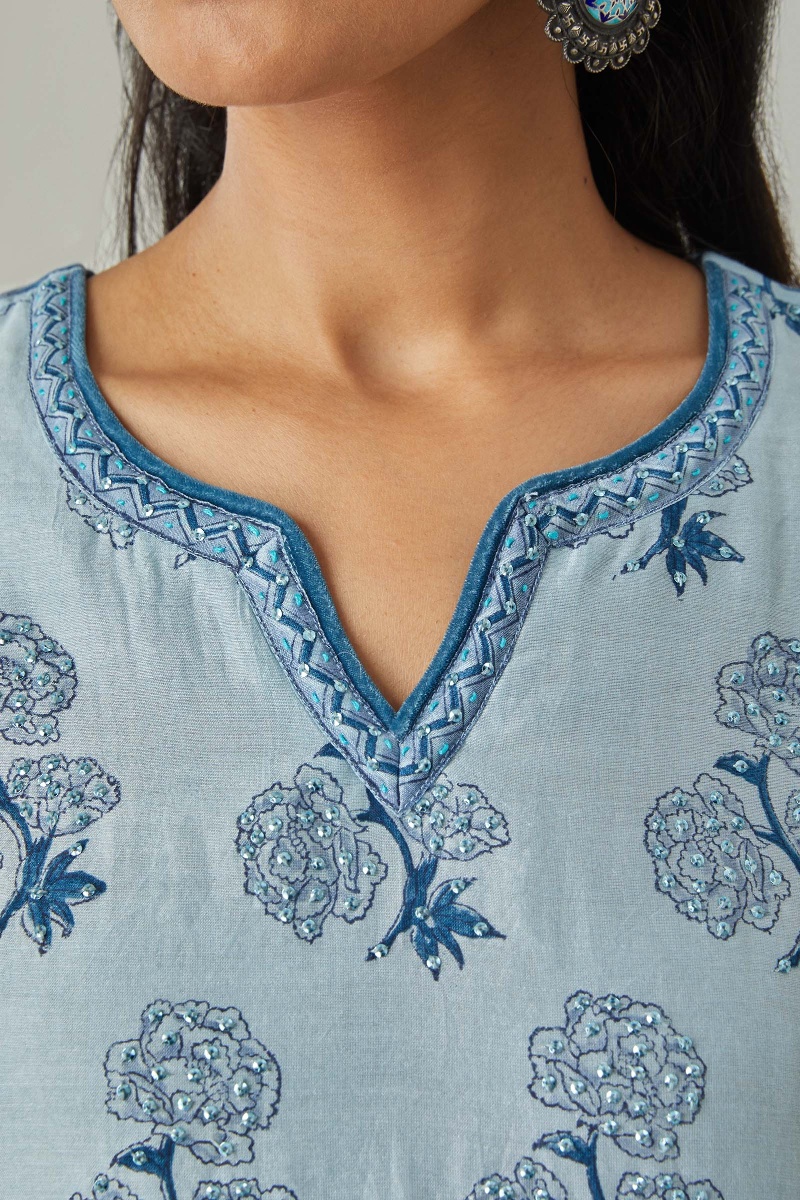 Blue Block Printed A-Line Chanderi Kurta