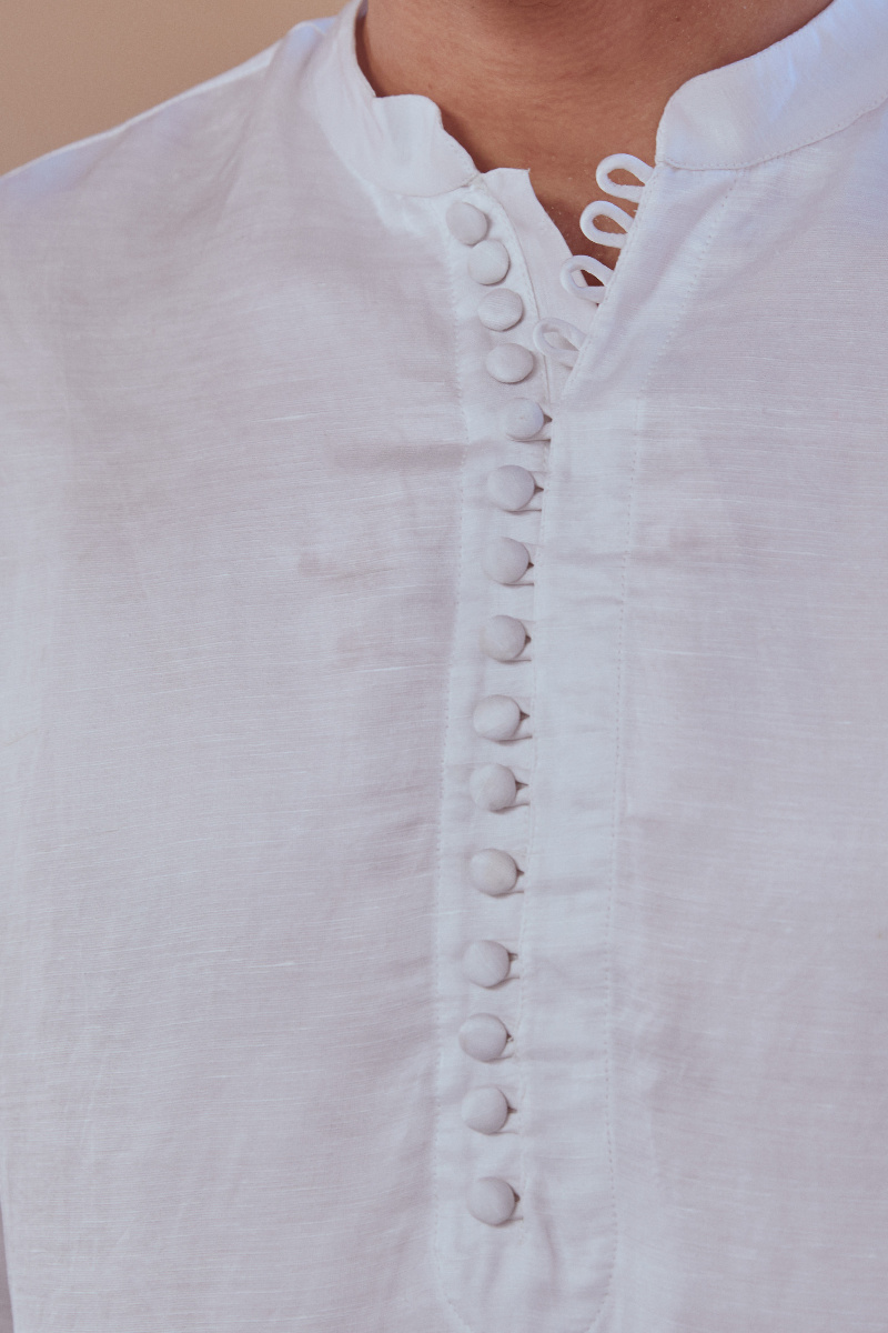 White Handcrafted Linen Satin Kurta