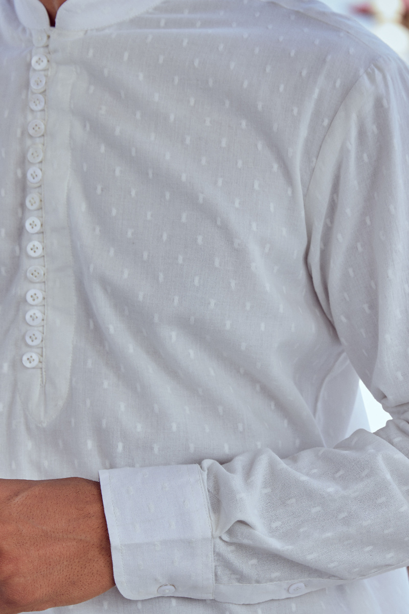 White Handcrafted Cotton Dobby Kurta