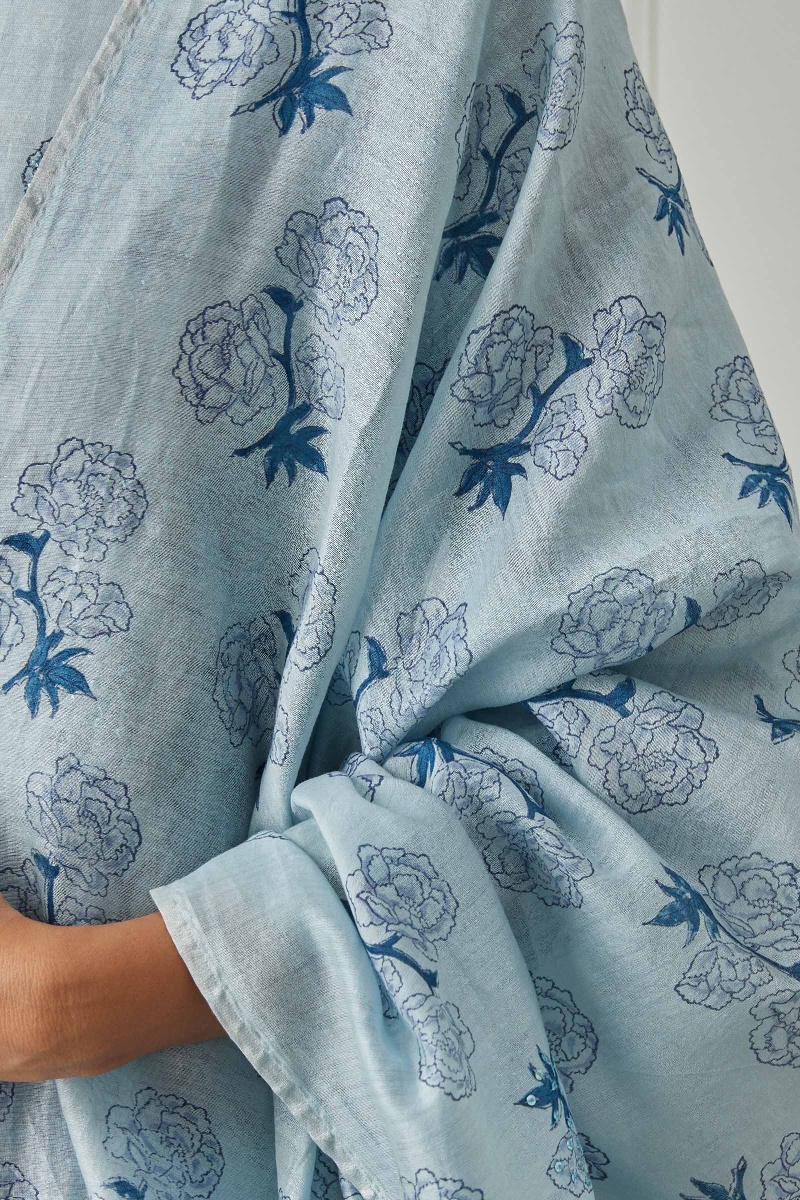 Blue Block Printed Chanderi Dupatta