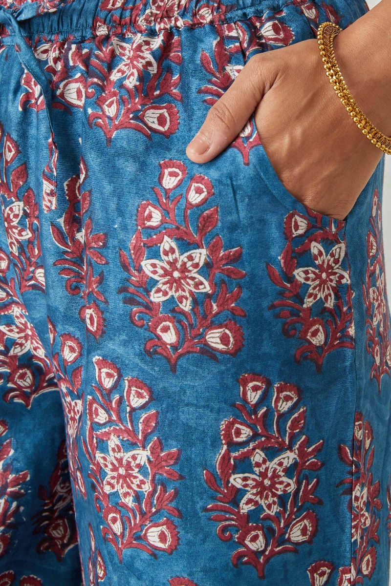 Blue Block Printed Chanderi Farsi