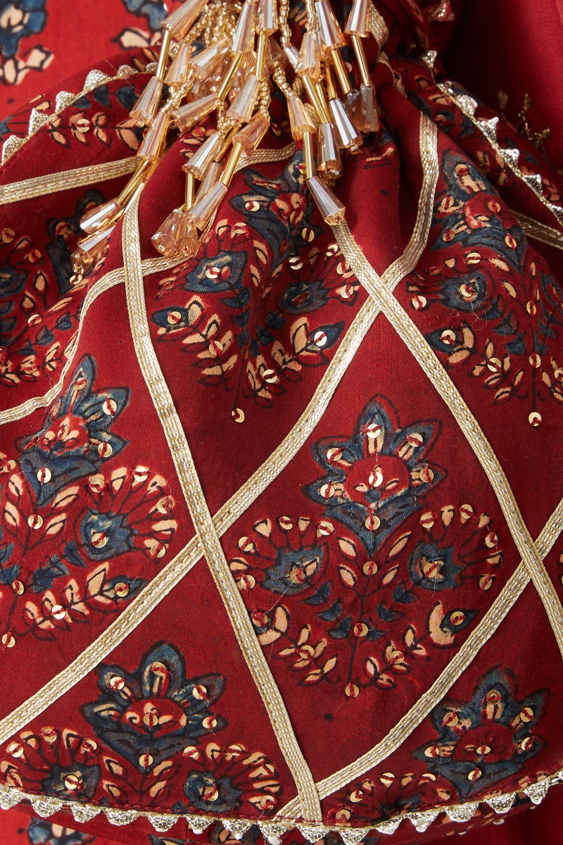 Red Block Printed Modal Satin Potli Bag