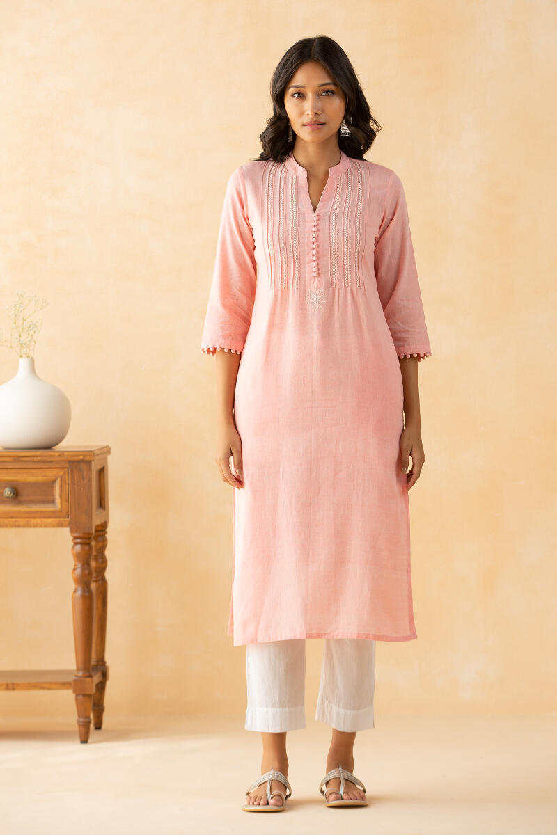 Pink Handcrafted Straight Cotton Kurta