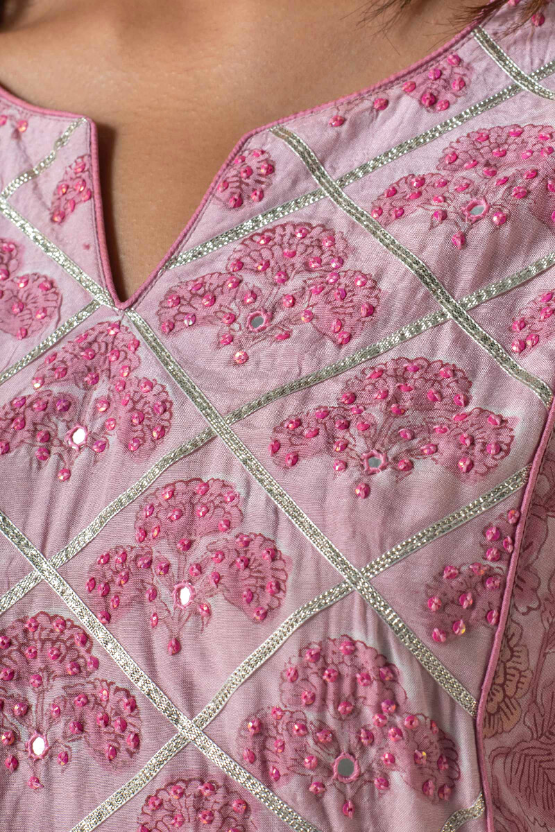 Pink Block Printed A-Line Modal Kurta