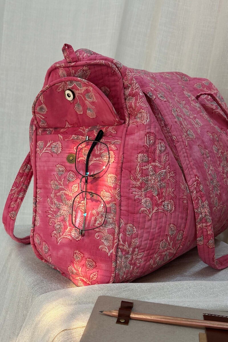 Pink Hand Block-Printed Cotton Duffel Bag