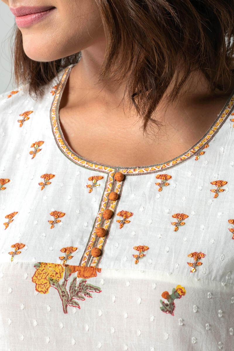 White Block Printed Straight Cotton Dobby Kurta