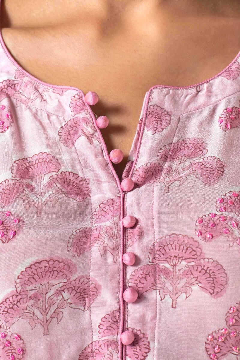 Pink Block Printed Straight Modal Kurta