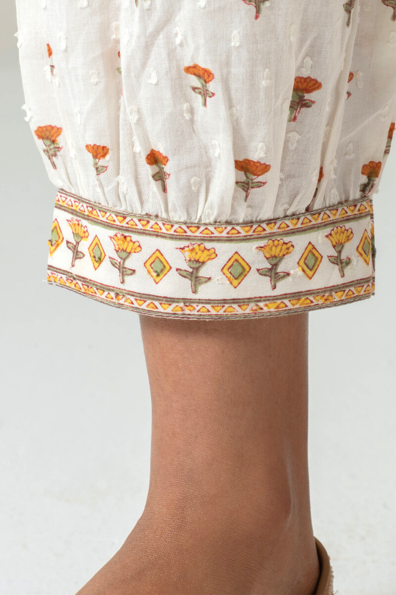 White Block Printed Cotton Dobby Izhaar Pants