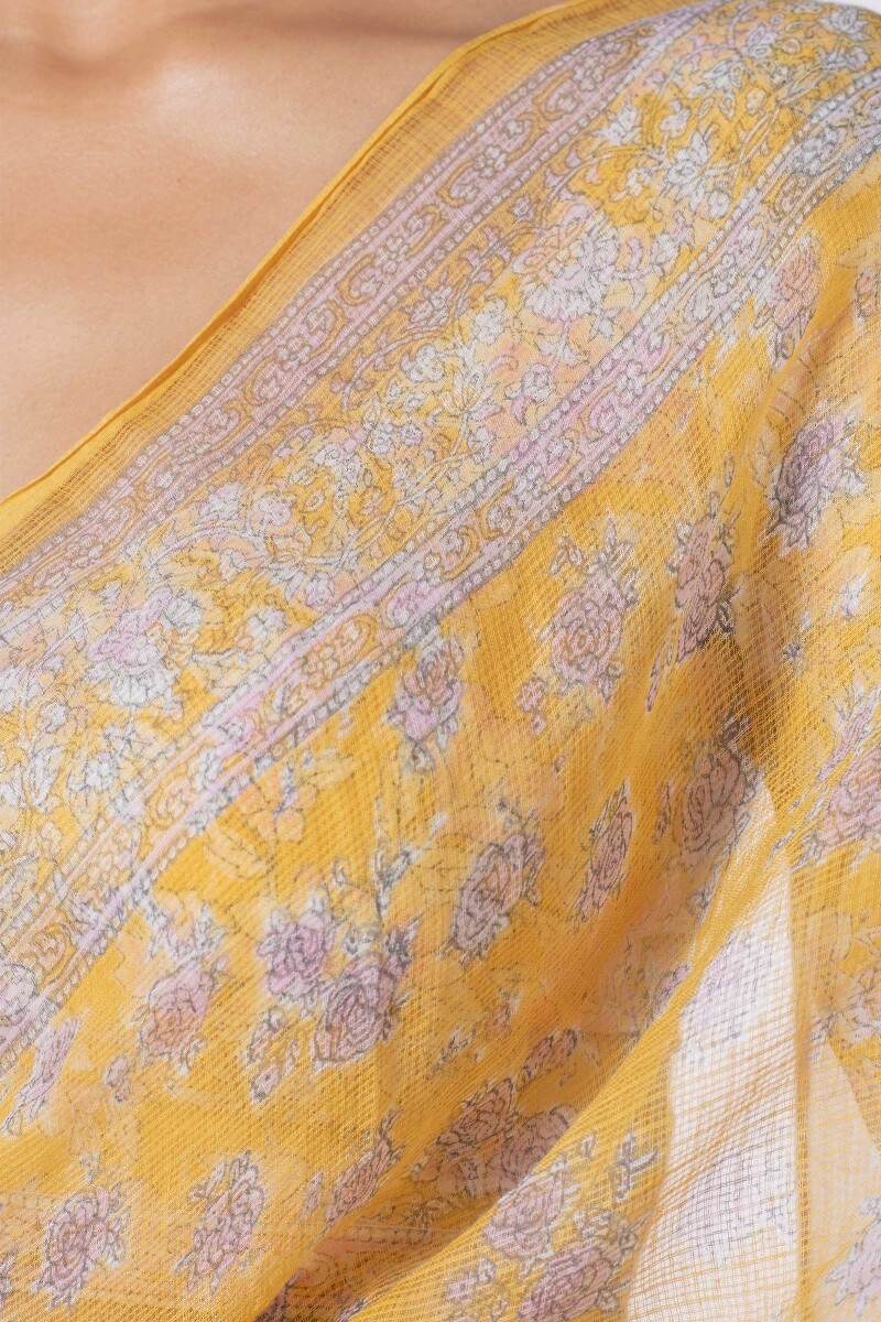 Yellow Block Printed Kota Silk Saree